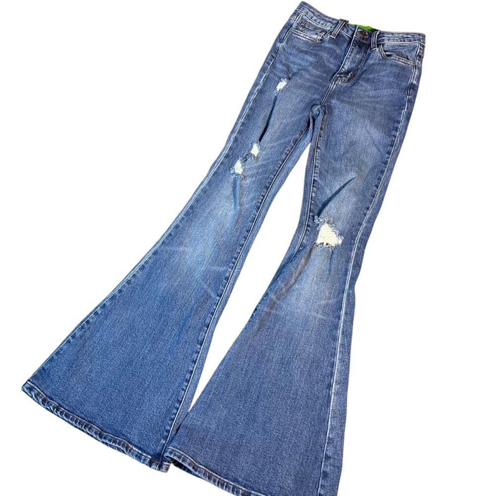 SR Sandrine Rose Flare Jeans Womens 25 Blue Distressed High Rise Wide‎ Leg Denim